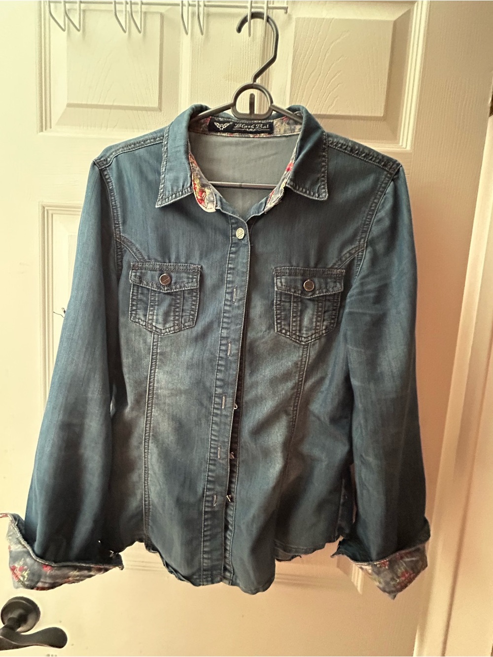 Women's Black Bat Denim Button-Up Shirt  - Blue with Floral Cuff and Collar